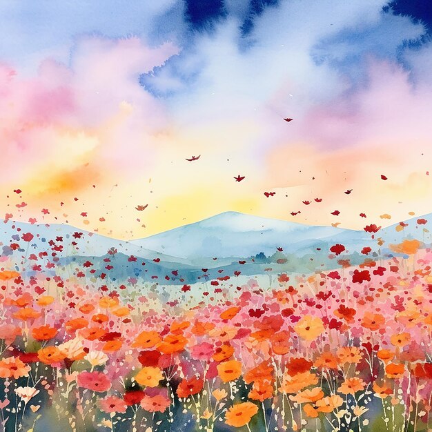 a colorful field of flowers with a mountain in the background.