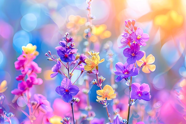 a colorful field of flowers with the sun behind them