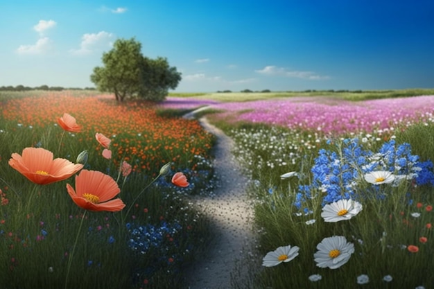 A colorful field with a path leading to a tree and flowers.