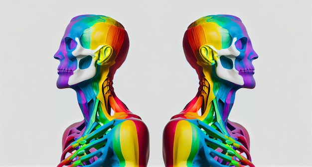 A colorful figure with the bones of the body and the skull on the left.