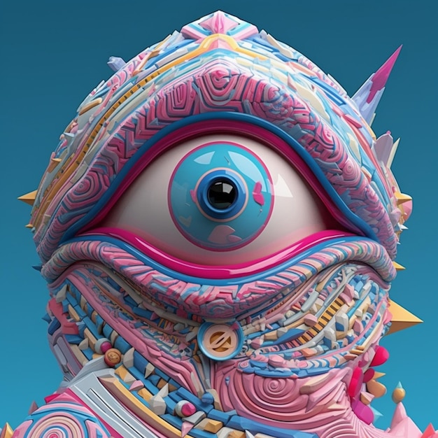 A colorful figure with an eye and a blue background.