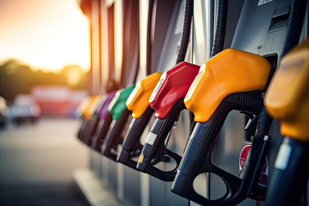 Foto gli ugelli di riempimento colorati per le pompe del carburante sono separati dallo sfondo bianco una stazione di servizio è operativa