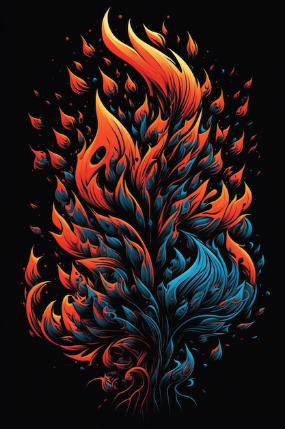 A colorful fire feather with a blue and red flame on it.