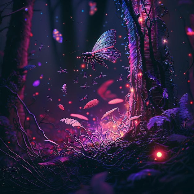 Colorful fireflies in fantasy forest