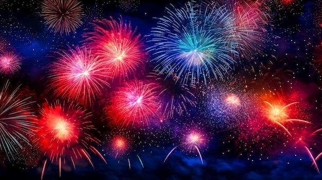 Colorful firework with bokeh lights on night sky background