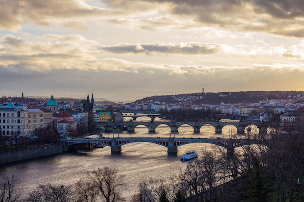 Colorful fireworks over Charles bridge and the river Vltava The historical center of Prague The Czech Republic 2018 year