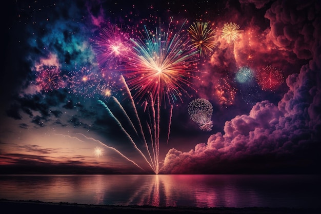 A colorful fireworks display is set against a dusky sky