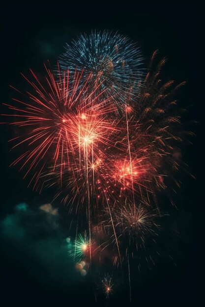 A colorful fireworks display is shown in the dark