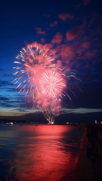 Colorful fireworks display over water