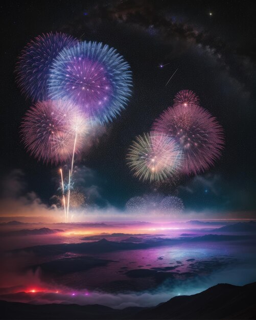 Colorful fireworks happy new year 2024 celebration