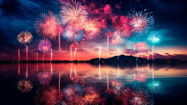 Photo colorful fireworks on the lake generative ai