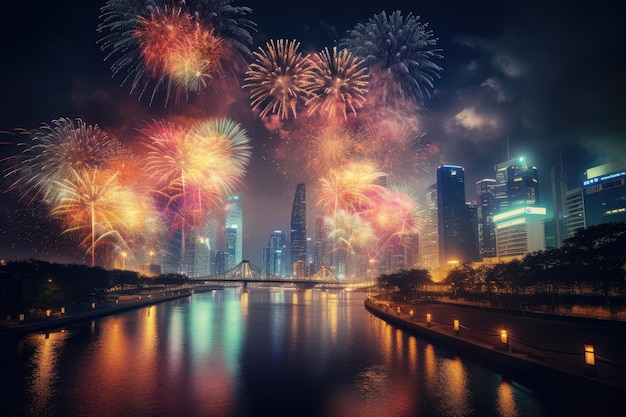 Colorful Fireworks Over a Night City