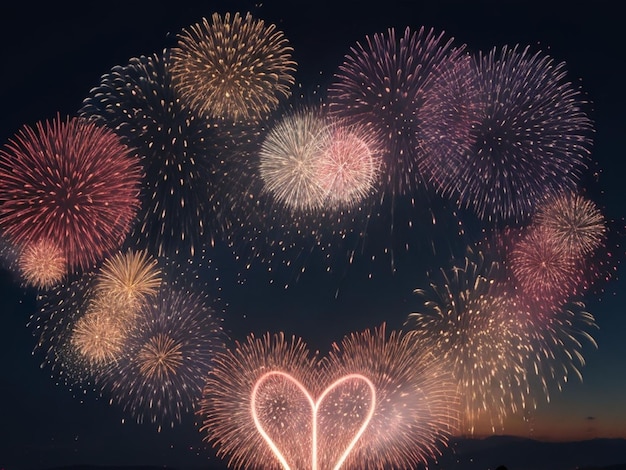 Colorful fireworks of various colors over lake