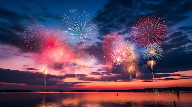 Colorful fireworks of various colors over night sky celebrating new year and merry christmas