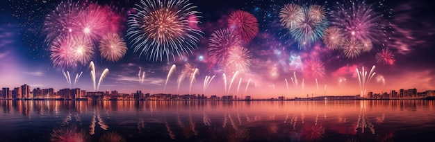 水面に反射する夜空に様々な色のカラフルな花火