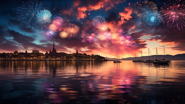 Colorful fireworks over of water in the sky