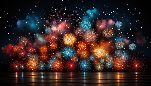 Colorful fireworks with bokeh lights on dark sky background