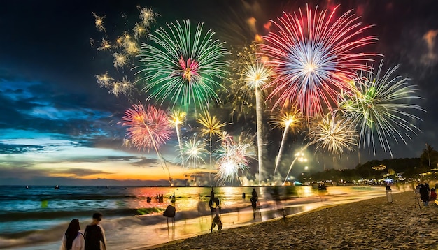 Colorful fireworks with fireworks in the sky and beach during new year