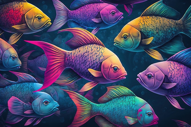 물고기 패턴의 네온 색상 떼에 다채로운 물고기 배경