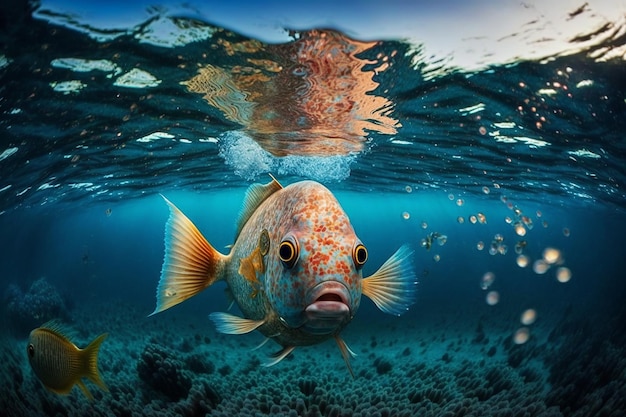 青い海で泳ぐ前景のカラフルな魚