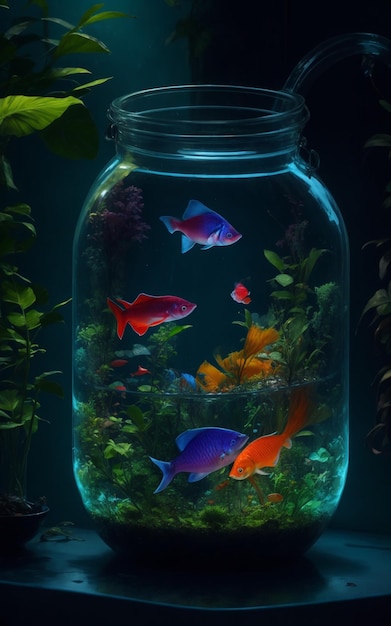 ガラスの容器に色とりどりの魚ジャングルの夜