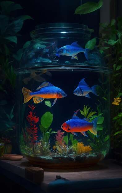 ガラスの容器に色とりどりの魚ジャングルの夜