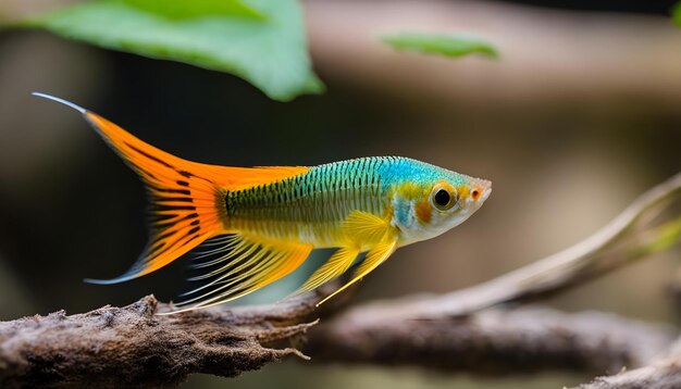 a colorful fish is sitting on a branch in front of a leaf