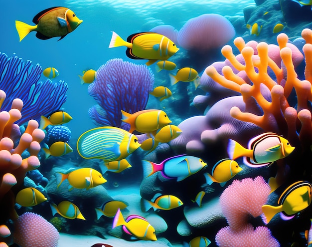 A colorful fish is swimming in a sea of corals