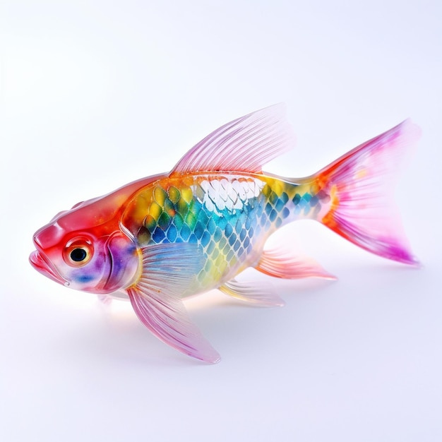 a colorful fish is on a white surface