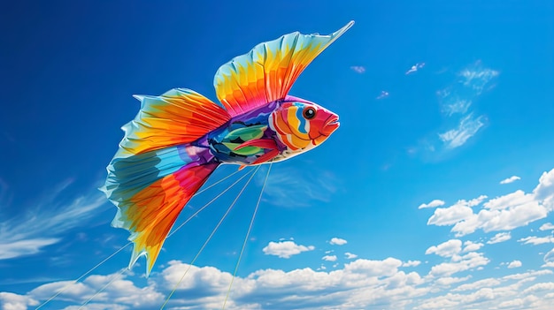 A colorful fish kite flying in the blue sky with white clouds in the backgroundgenerative ai illustration