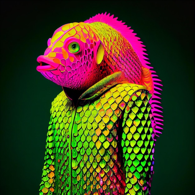 A colorful fish statue is made by a neon jacket.