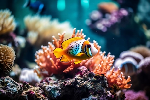 A colorful fish swims in a coral reef.