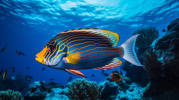a colorful fish swims past a coral reef.