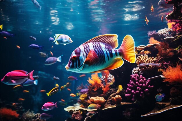 a colorful fish tank with many colorful tropical fish