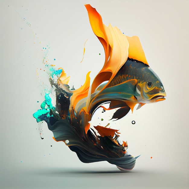 Colorful fish with abstract paint splashes 3D illustration