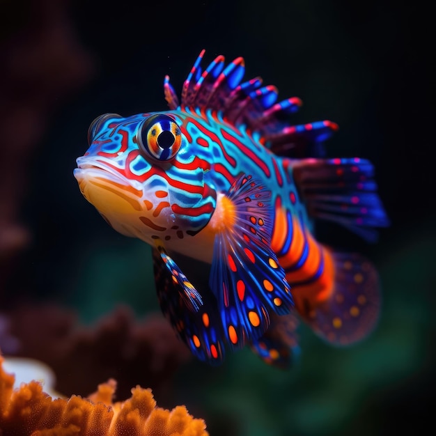 A colorful fish with a black background and a red and blue stripe on the bottom.