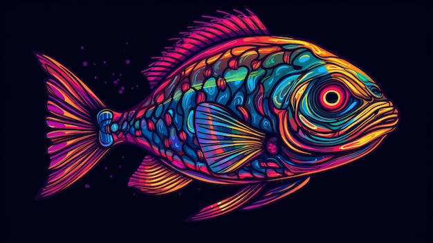 A colorful fish with a black background and the word fish on it.