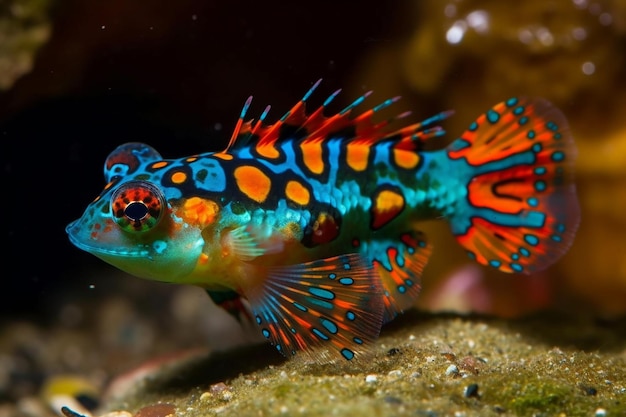 A colorful fish with a black and blue body and orange markings.