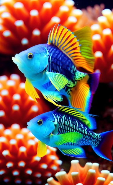 A colorful fish with a black stripe on the tail is a bright blue and yellow color.