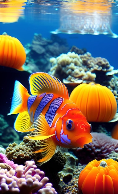 A colorful fish with a blue background and orange stripes.