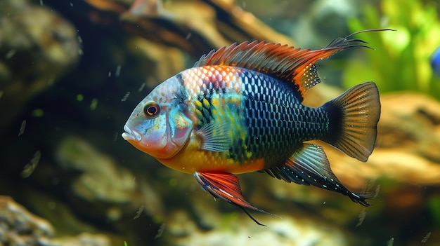 a colorful fish with the blue and black stripes is swimming in an aquarium