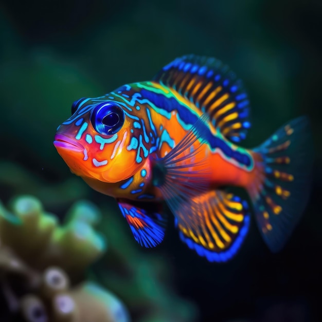 Красочная рыба с синими и оранжевыми отметинами плавает в океане.