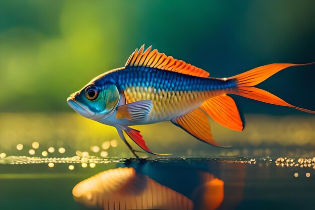 a colorful fish with a blue and orange tail is reflected in a water