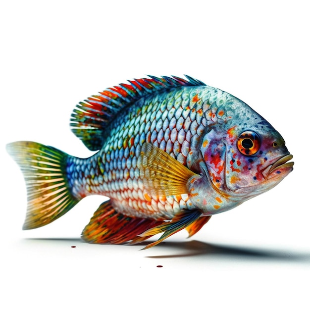 A colorful fish with a blue and red tail and a yellow eye.