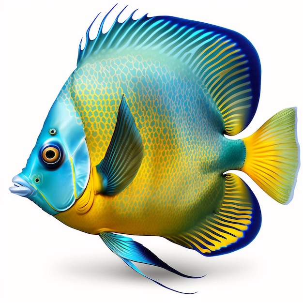 A colorful fish with a blue and yellow body and a yellow body.