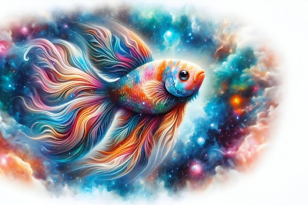 Photo colorful fish with a long tail is swimming in a galaxy