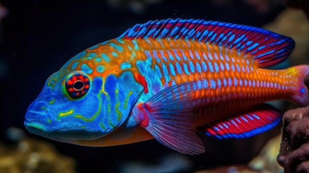 A colorful fish with a red and blue tail