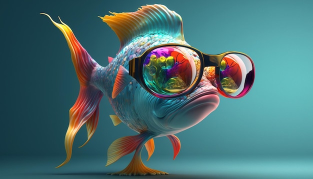 A colorful fish with a very large glasses on its head Ai generative