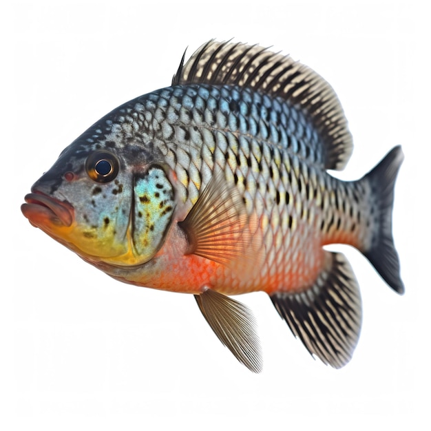 A colorful fish with a white background and a black stripe on the bottom.