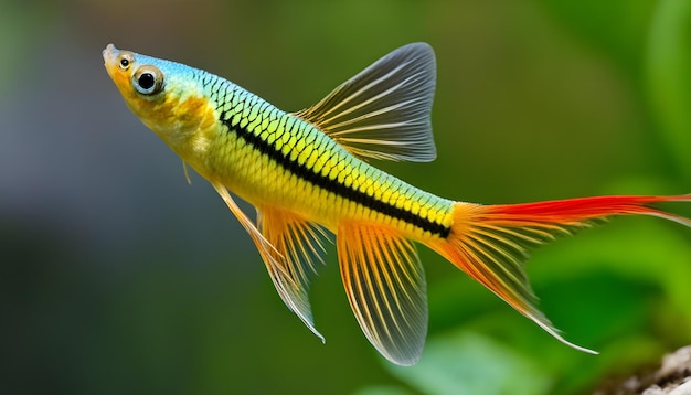 a colorful fish with yellow stripes and a blue stripe is in the water